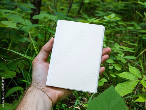 A hand displaying a blank notebook, positioned against the green forest floor, ideal for stationary mockups