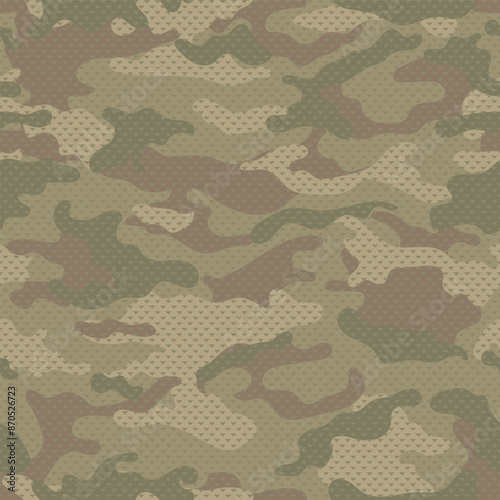 Khaki camouflage pattern for textile. Camouflage texture seamless pattern with grid. 