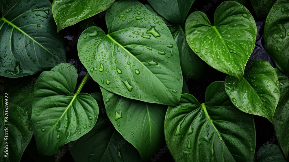 Fototapeta premium Lush green jungle leaves in tropical rain with raindrops, creating a textured background