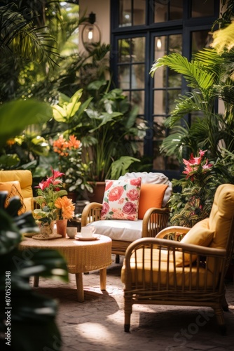 A tropical paradise-inspired patio with lush greenery, rattan furniture, and colorful outdoor cushions