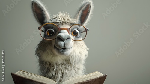 National Day of Book Lovers. Funny cute llama in glasses is reading a book.