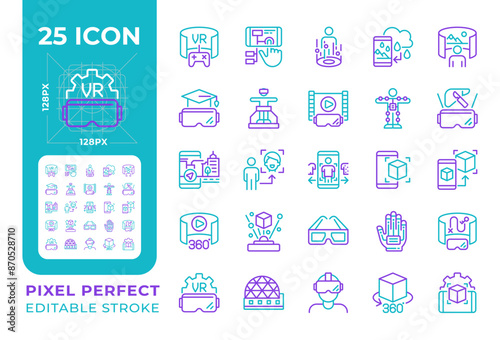 VR, AR two color line icons set. Virtual reality icons. AR app for smartphone. Immersive experience bicolor outline iconset isolated. Duotone pictograms thin linear. Editable stroke