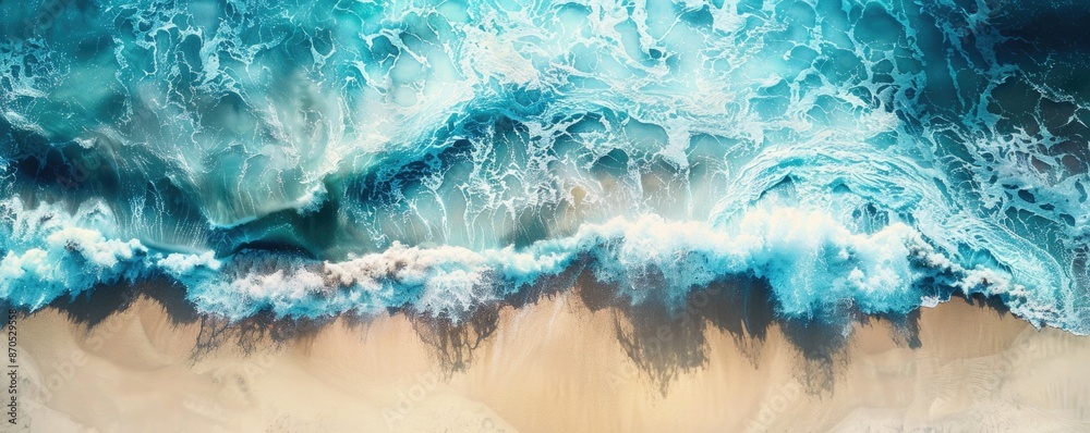 Beautiful aerial view of ocean waves with sandy beach, aerial photography Beautiful aerial view of ocean waves with sandy beach, aerial photography