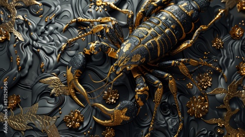 Fierce 3D scorpion with golden claws, intricate patterns and rich textures, ideal for digital printing wallpaper, creating a dramatic mural, AI-generated illustration © Janejira