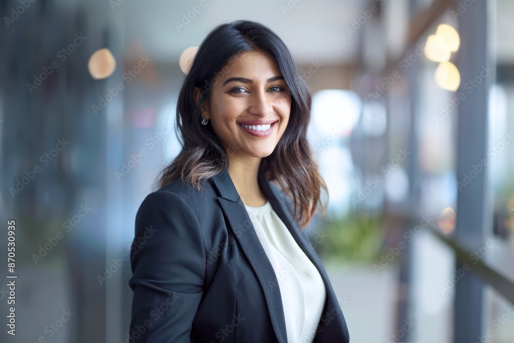 Successful Mixed-Race Businesswoman Smiling Confidently in Contemporary Office Environment Successful Mixed-Race Businesswoman Smiling Confidently in Contemporary Office Environment