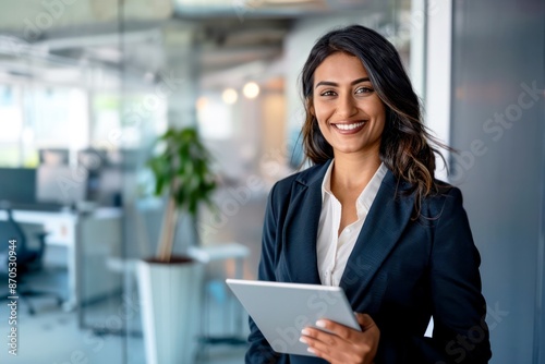 Obraz na płótnie Confident Mixed-Race Businesswoman Holding Digital Tablet in Modern Office w salonie