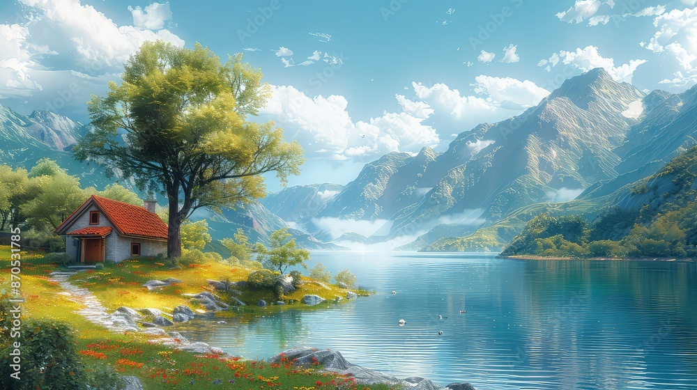 Fototapeta premium Beautiful landscape with a house on the shore of the lake