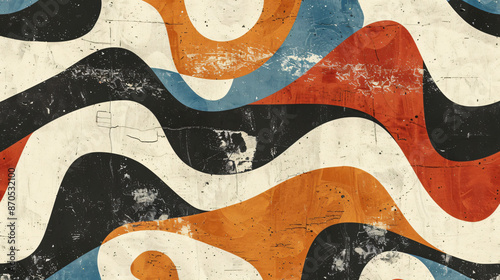 Wallpaper Mural 
Abstract retro groovy seamless pattern with wavy lines and curves in orange, blue, red, black and beige colors on vintage linen texture background. Retro mid century design for textile, fabric, wallp Torontodigital.ca