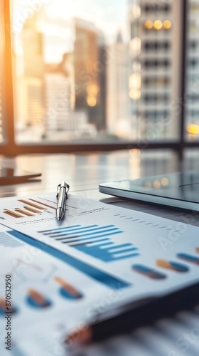 Business charts and graphs on an office desk with a pen, tablet, and cityscape background, illustrating financial analysis and planning.