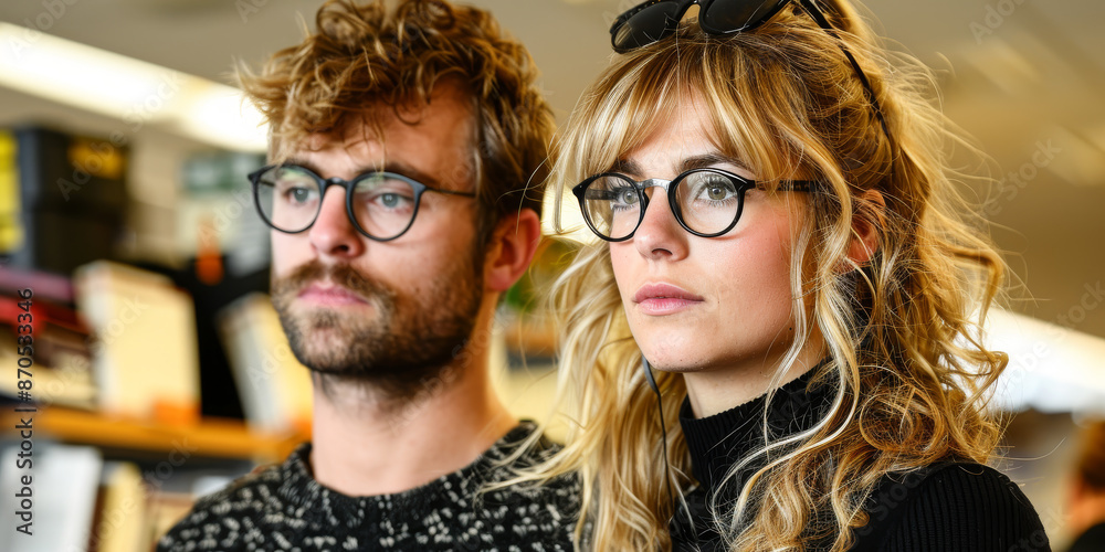 Portrait of two business colleagues, looking at something online.