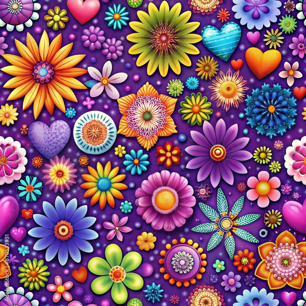 This image features a vibrant purple background adorned with colorful flowers and hearts in various shapes and sizes. The flowers bloom across the entire canvas. This image features a vibrant purple background adorned with colorful flowers and hearts in various shapes and sizes. The flowers bloom across the entire canvas.