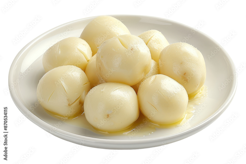 White plate of peeled potatoes isolated on transparent background White plate of peeled potatoes isolated on transparent background