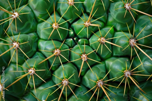 Closeup of cactus texture, sharp thorns on green background © grigoryepremyan