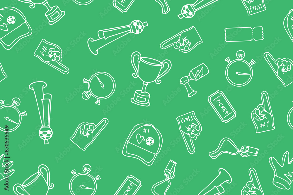 Seamless pattern of football and fans attributes. Hand drawn football symbols. Vector illustration