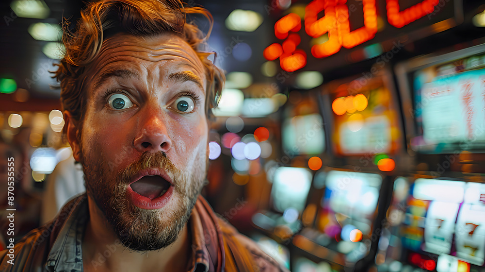 A man with an astonished expression in a vibrant casino. Slot machines and colorful lights create a lively ambiance. A man with an astonished expression in a vibrant casino. Slot machines and colorful lights create a lively ambiance.