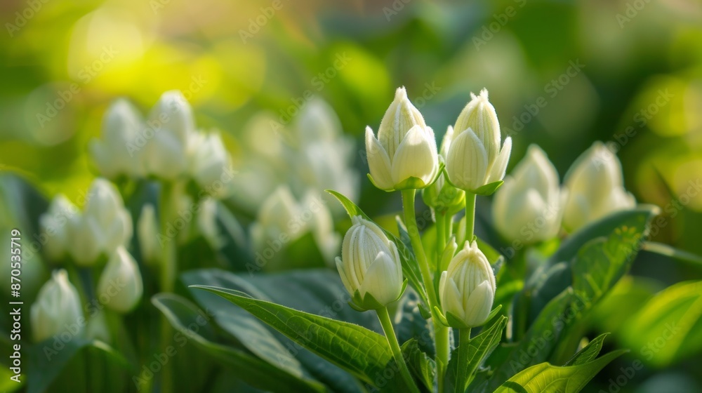 White flower buds blooming in a green garden, close-up macro, nature and growth concept White flower buds blooming in a green garden, close-up macro, nature and growth concept