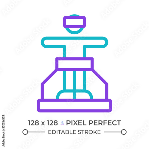 VR treadmill two color line icon. Immersive experience. Person on walking platform with headset bicolor outline symbol. Duotone linear pictogram. Isolated illustration. Editable stroke