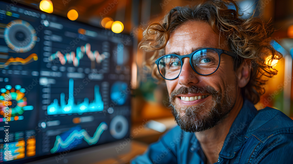 Smiling professional in front of data analysis screen, showcasing statistics and charts in a modern office environment. Smiling professional in front of data analysis screen, showcasing statistics and charts in a modern office environment.
