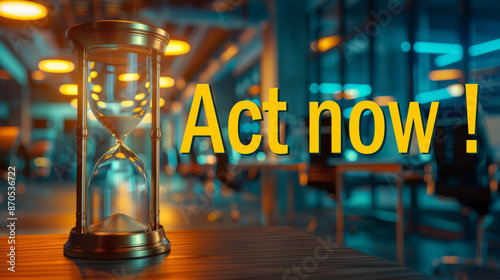 Act now text next to hourglass on office background. Business concept, word symbol. Copy space.