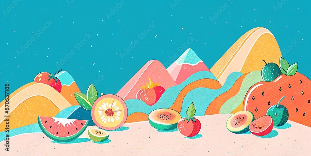 Naklejka premium fresh fruit scatter on the slope,fresh fruit scatter near the moutain,fresh fruit,ripe fruit,heathy fruit,fruit,organic
