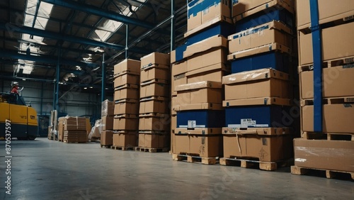 Warehouse with stacked cardboard boxes and forklift
