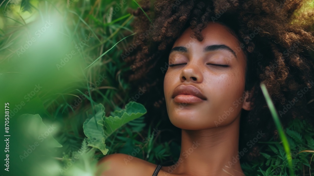 A serene young woman with beautiful afro hair peacefully rests in lush greenery, her calm expression captured in a closeup portrait. This tranquil image exudes peace and serenity A serene young woman with beautiful afro hair peacefully rests in lush greenery, her calm expression captured in a closeup portrait. This tranquil image exudes peace and serenity