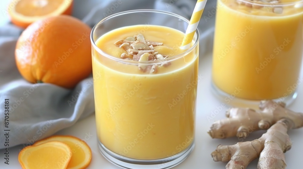 An orange glass filled with juice, adjacent to an orange slice and a ginger piece on a table with two oranges An orange glass filled with juice, adjacent to an orange slice and a ginger piece on a table with two oranges