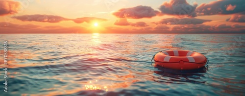 life float ring on the sea with sunset sky background © grigoryepremyan
