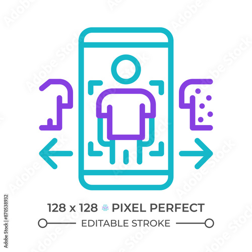 Virtual try on two color line icon. Online shopping experience. VR fitting. AR mobile application bicolor outline symbol. Duotone linear pictogram. Isolated illustration. Editable stroke