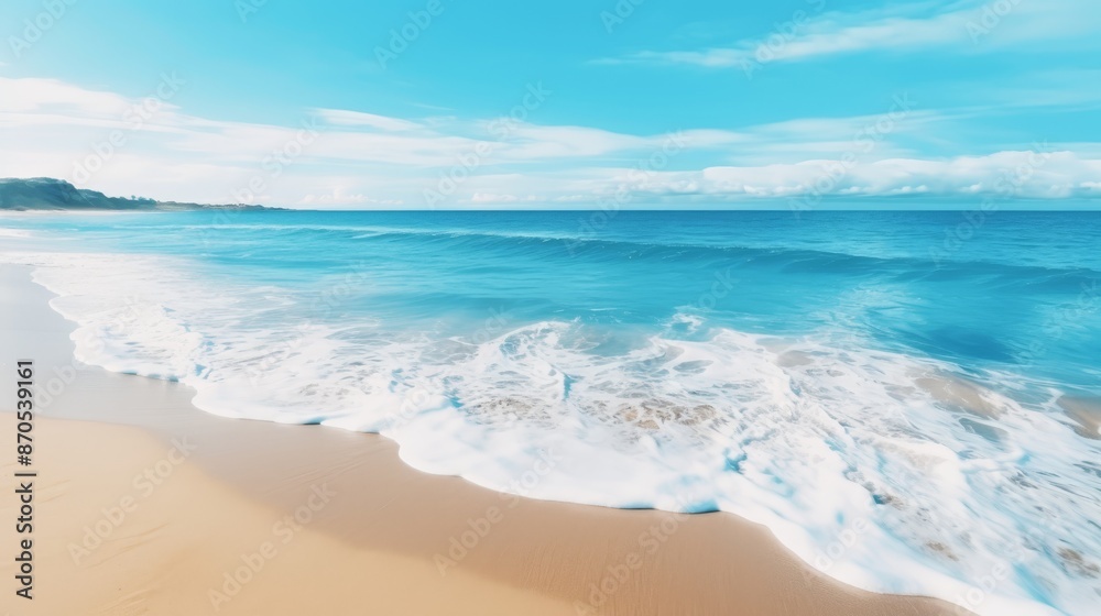 Turquoise beach aerial view, summer ocean landscape with blue water, white sand, tropical vacation