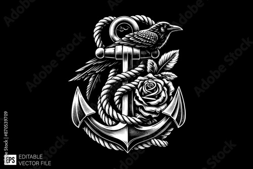 Vintage anchor illustration vector design monochrome style