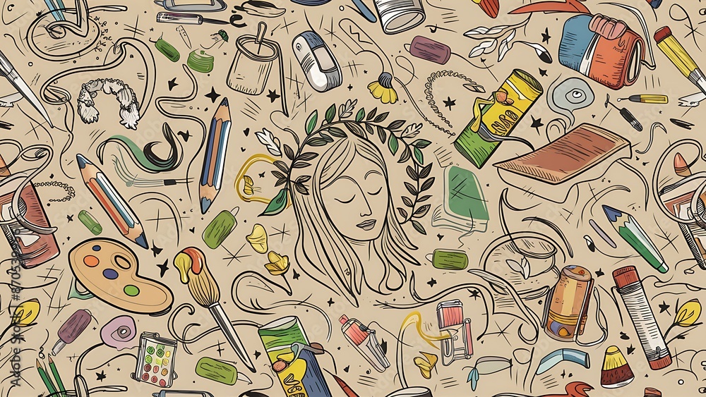 Obraz premium doodle seamless pattern. Hand drawn background with school supplies and creative elements. Vector illustration