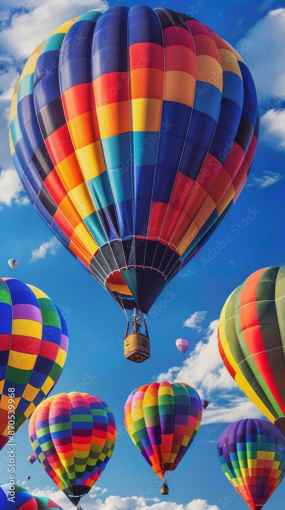 Naklejka premium Colorful hot air balloons in a clear blue sky, uplifting adventure concept