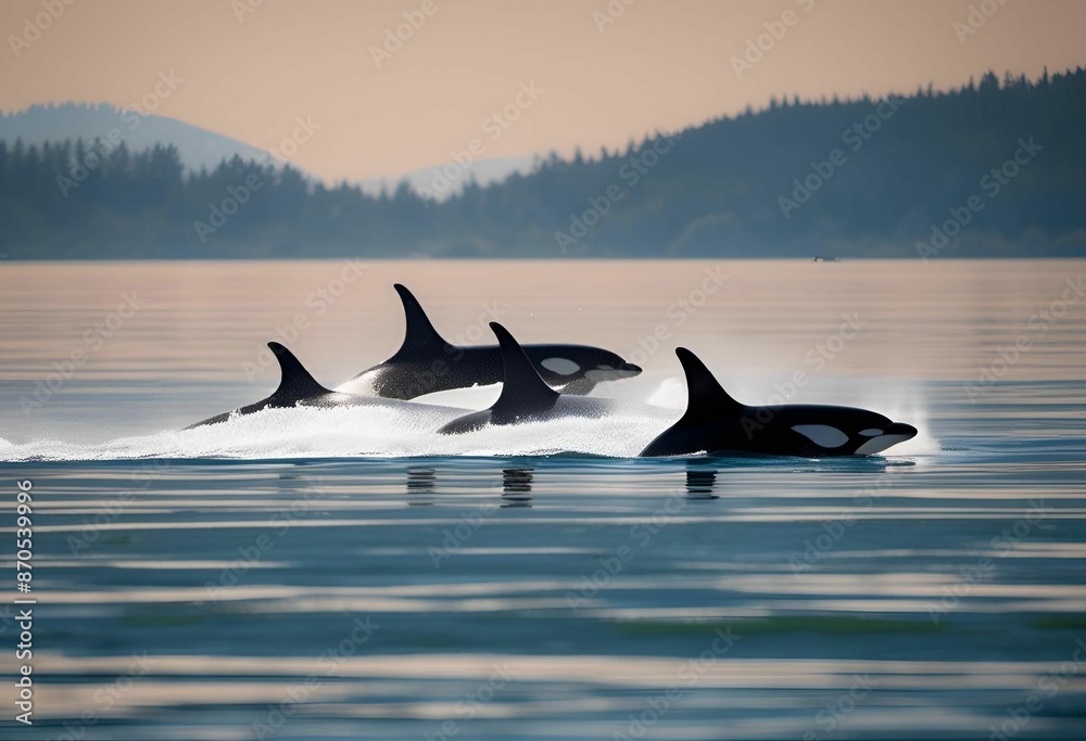 AI generated illustration of a pod of orcas swimming in the calm waters ...