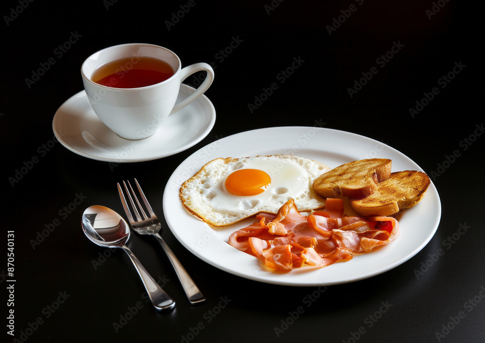simple breakfast with egg, bacon, toasts on the white plate and tea in the cup on the black background simple breakfast with egg, bacon, toasts on the white plate and tea in the cup on the black background