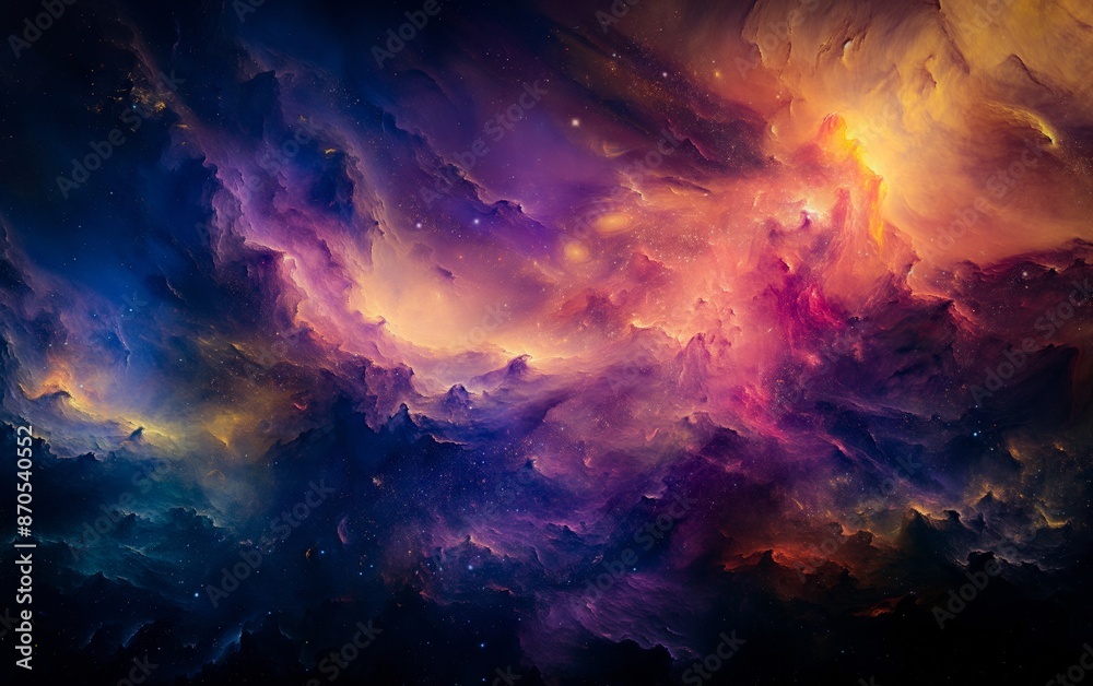 Fototapeta premium A mesmerizing digital artwork captures an ethereal nebula, its vibrant colors and swirling gas clouds creating a dreamlike atmosphere.