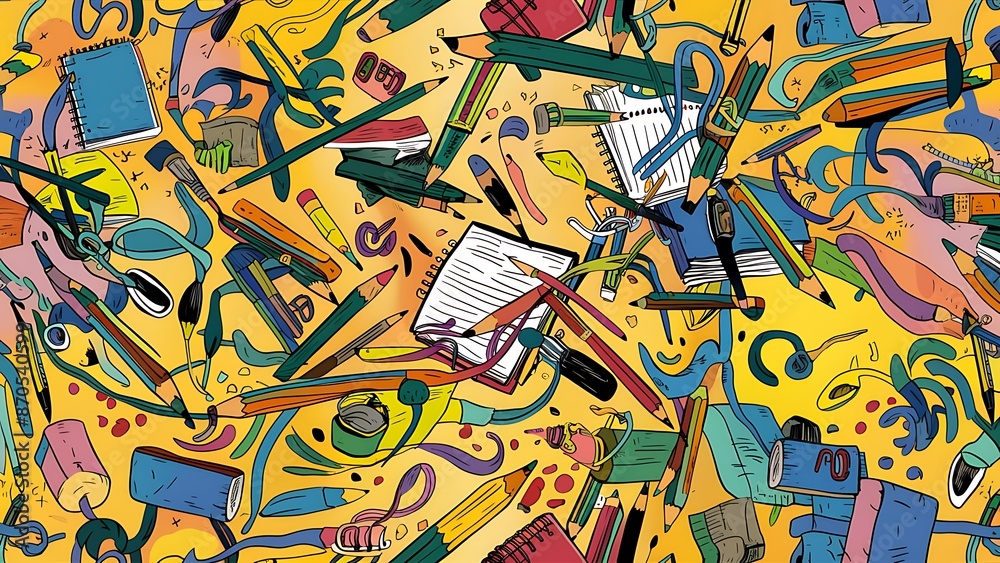 Obraz premium doodle seamless pattern. Hand drawn background with school supplies and creative elements. Vector illustration