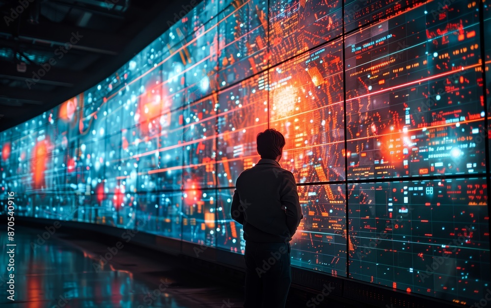 Engaged by a symphony of data and visuals, a man stands before an interactive digital wall. Engaged by a symphony of data and visuals, a man stands before an interactive digital wall.