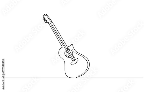 Continuous one line drawing of a guitar, Guitar one line art. Continuous line drawing of musical, equipment, song, guitar, electric, melody, rock, volume, chord, bass, acoustic with an inscription, 