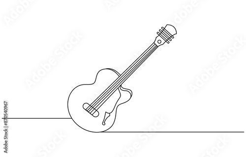 Continuous one line drawing of a guitar, Guitar one line art. Continuous line drawing of musical, equipment, song, guitar, electric, melody, rock, volume, chord, bass, acoustic with an inscription, 