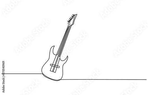 Continuous one line drawing of a guitar, Guitar one line art. Continuous line drawing of musical, equipment, song, guitar, electric, melody, rock, volume, chord, bass, acoustic with an inscription, 