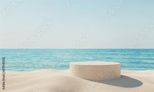 Minimal abstract background for summer product display with round sand podium on beach and blue sea © grigoryepremyan