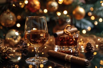 Christmas party with a glass of excellent whiskey and a Cuban cigar. greeting card for a man