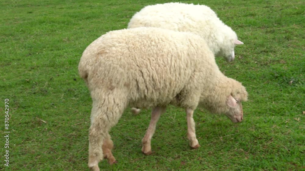 Farm animal Merino sheep walking, resting, eating grass freely in farmland Farm animal Merino sheep walking, resting, eating grass freely in farmland