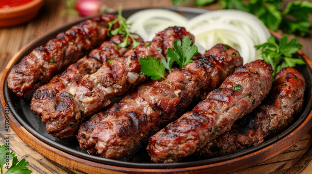 Juicy grilled kebabs on a rustic wooden table Juicy grilled kebabs on a rustic wooden table