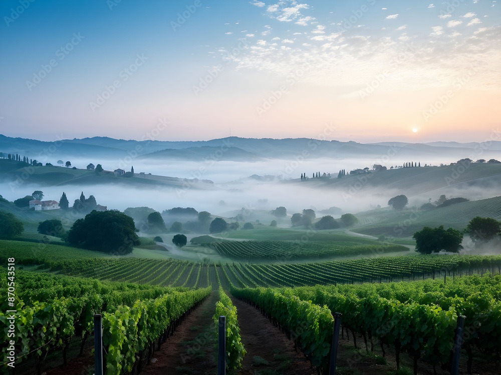 Mist hovers over the vineyard valley in the morning, with delicate sunlight highlighting the grapevines, creating a peaceful and idyllic atmosphere. Mist hovers over the vineyard valley in the morning, with delicate sunlight highlighting the grapevines, creating a peaceful and idyllic atmosphere.
