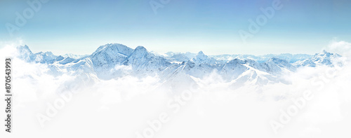 Panorama of winter mountains in Caucasus region, Russia. Concept of natural beauty and majestic landscapes