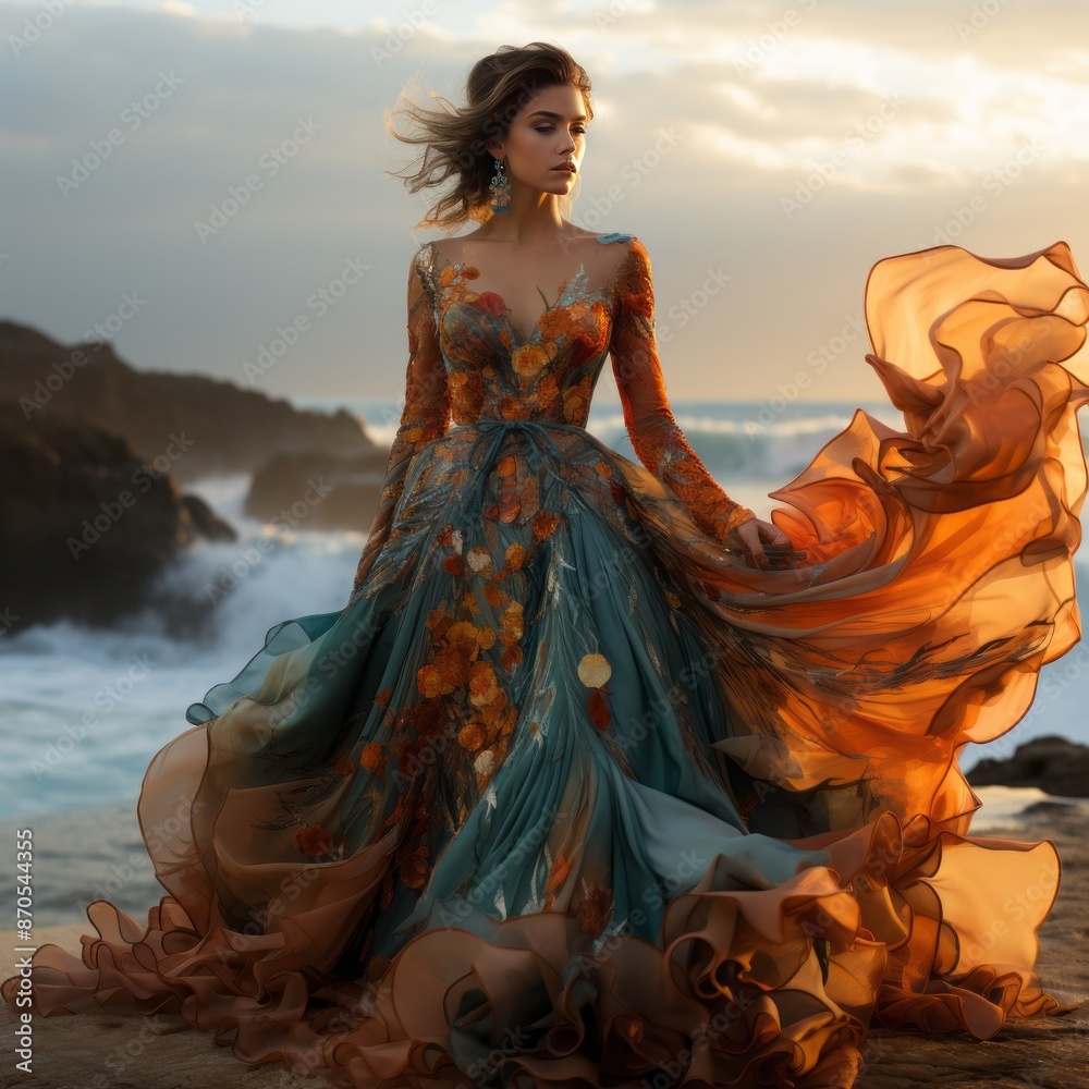 A happy woman in a beautiful gown stands on the beach by the ocean, creating a picturesque scene for an art painting of the landscape with the cloudy sky and water A happy woman in a beautiful gown stands on the beach by the ocean, creating a picturesque scene for an art painting of the landscape with the cloudy sky and water