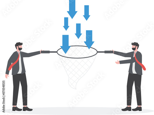 Businessmans holding fishing net to catch falling arrow

