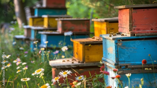 A row of colorful beehives sits nestled in a vibrant garden, surrounded by blooming wildflowers. The sun shines brightly, casting a warm glow on the scene